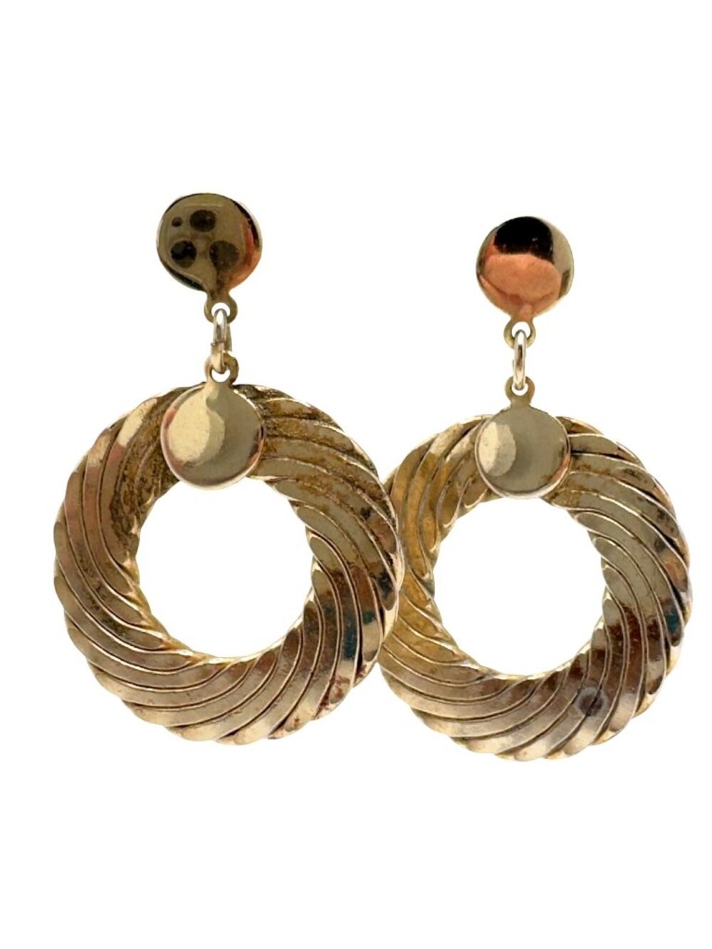 Gold-Tone Textured Ribbed Dangling Hoop Earrings With Circular Stud Top